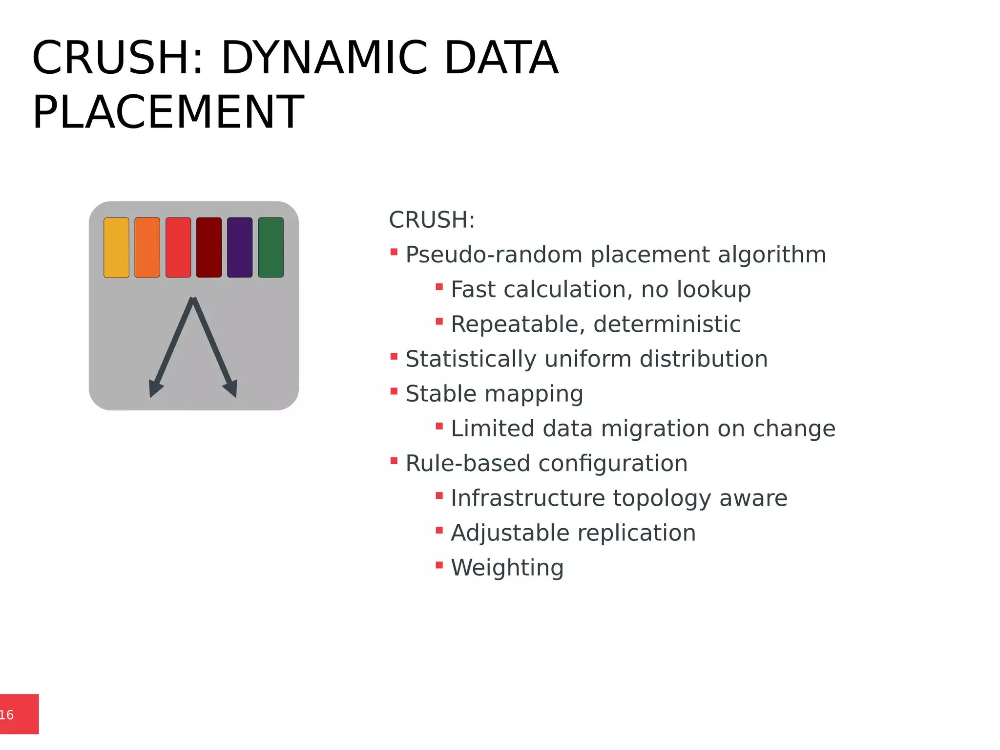 CRUSH: DYNAMIC DATA
PLACEMENT
16
CRUSH:
 Pseudo-random placement algorithm
 Fast calculation, no lookup
 Repeatable, deterministic
 Statistically uniform distribution
 Stable mapping
 Limited data migration on change
 Rule-based configuration
 Infrastructure topology aware
 Adjustable replication
 Weighting
 