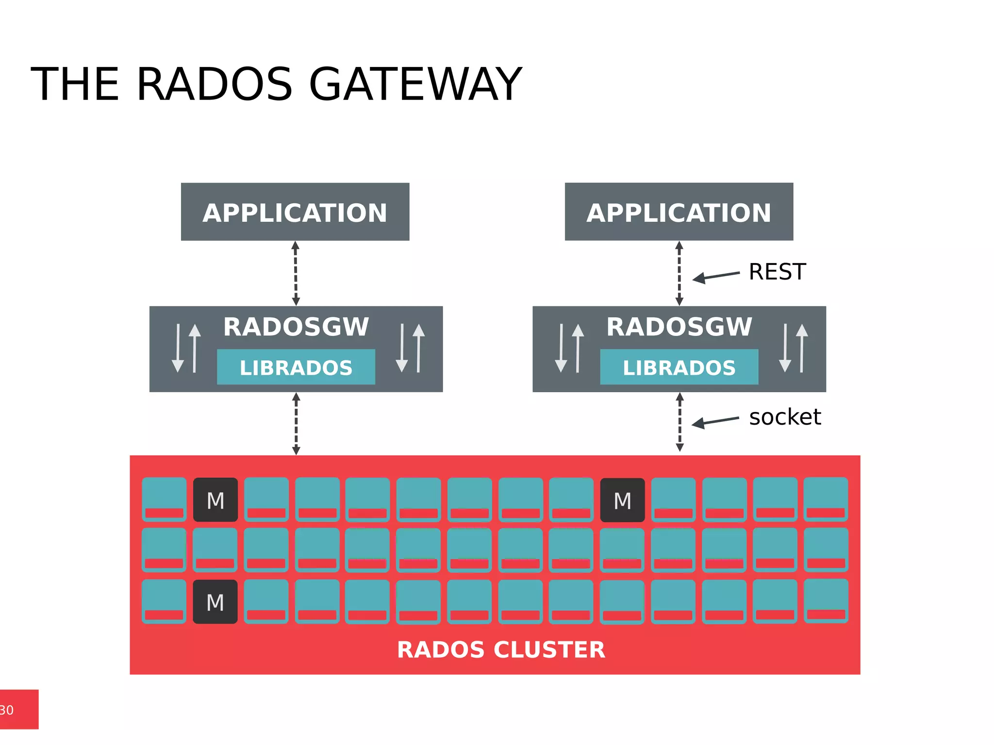 THE RADOS GATEWAY
30
M M
M
RADOS CLUSTER
RADOSGW
LIBRADOS
socket
RADOSGW
LIBRADOS
APPLICATION APPLICATION
REST
 