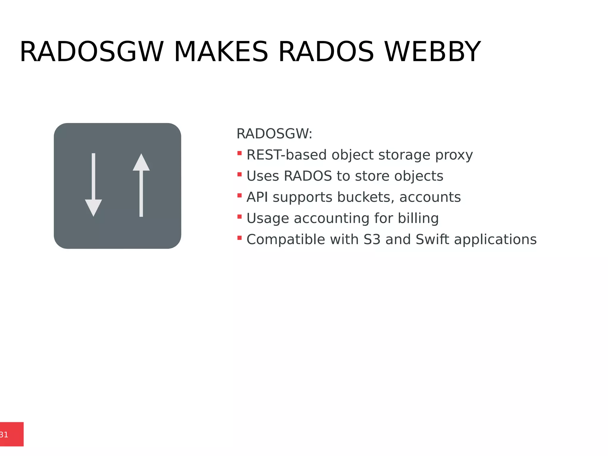 RADOSGW MAKES RADOS WEBBY
31
RADOSGW:
 REST-based object storage proxy
 Uses RADOS to store objects
 API supports buckets, accounts
 Usage accounting for billing
 Compatible with S3 and Swift applications
 