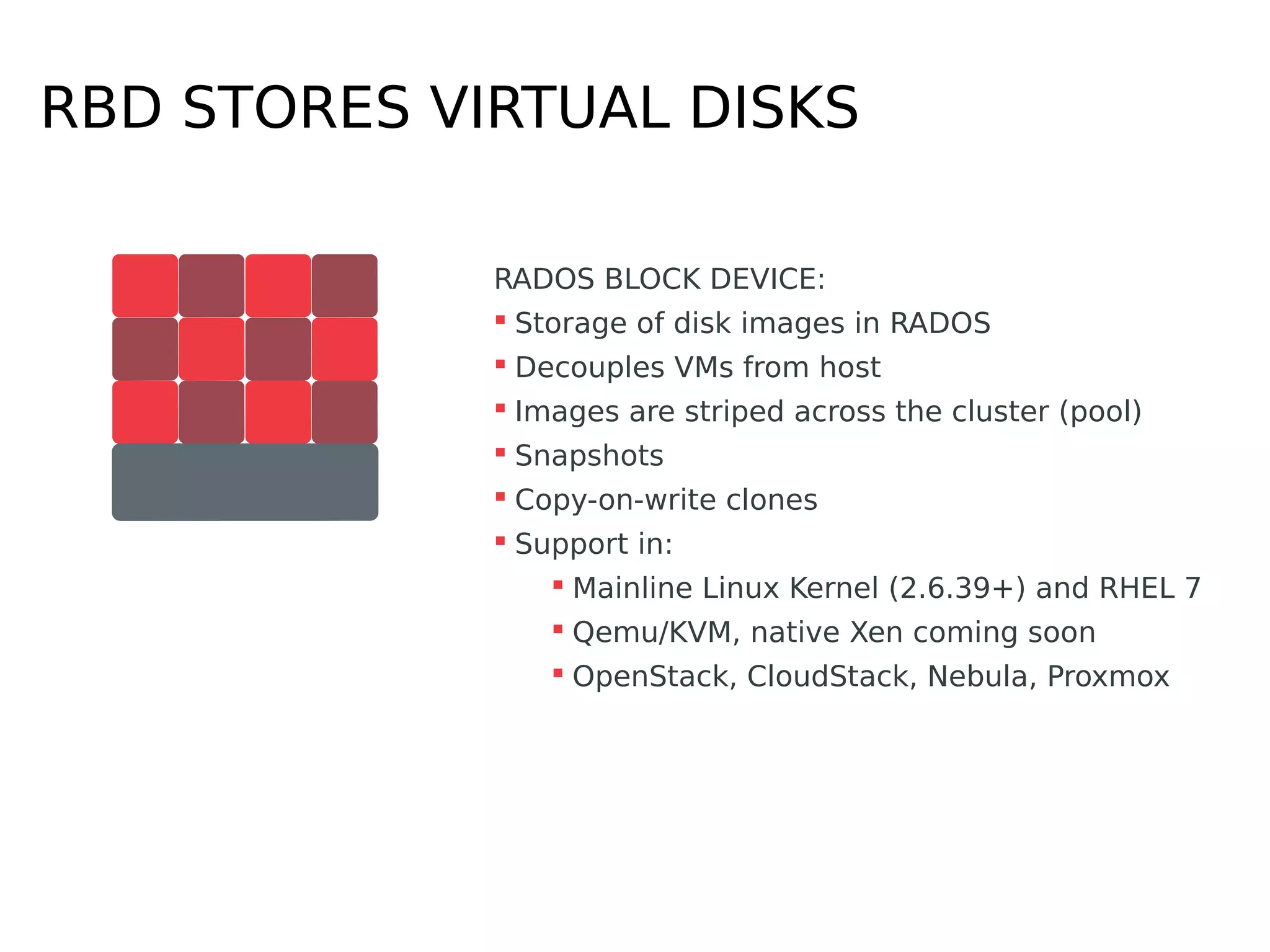RBD STORES VIRTUAL DISKS
RADOS BLOCK DEVICE:
 Storage of disk images in RADOS
 Decouples VMs from host
 Images are striped across the cluster (pool)
 Snapshots
 Copy-on-write clones
 Support in:
 Mainline Linux Kernel (2.6.39+) and RHEL 7
 Qemu/KVM, native Xen coming soon
 OpenStack, CloudStack, Nebula, Proxmox
 