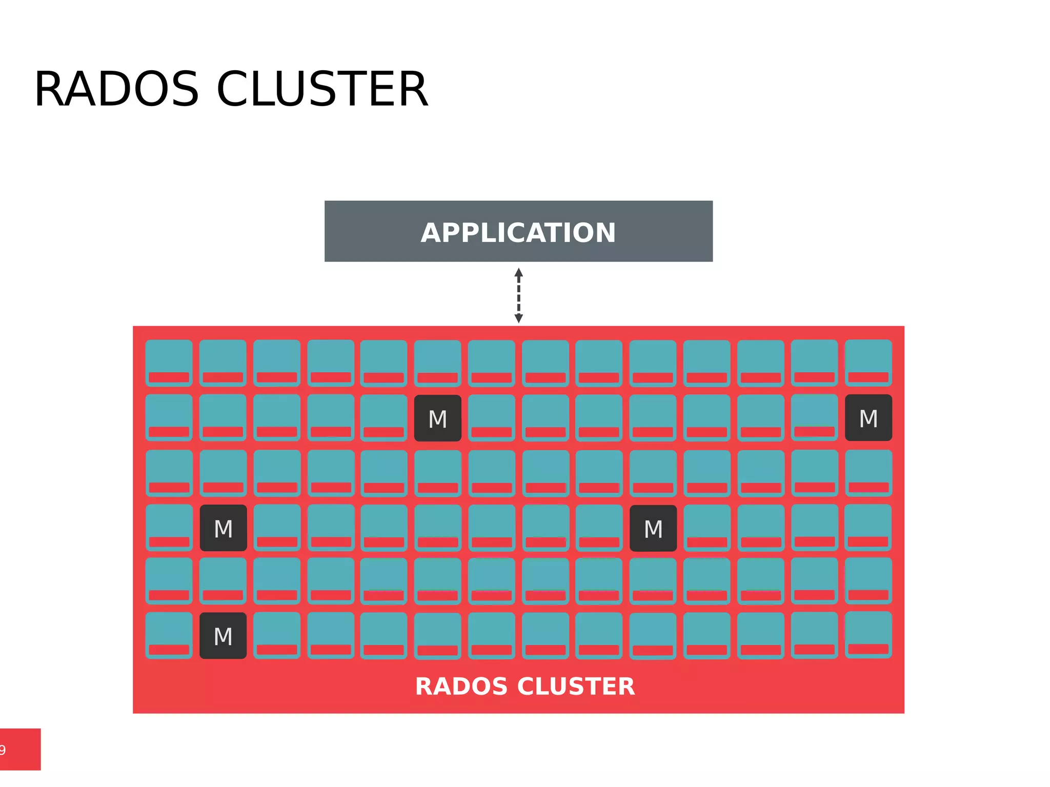RADOS CLUSTER
9
APPLICATION
M M
M M
M
RADOS CLUSTER
 