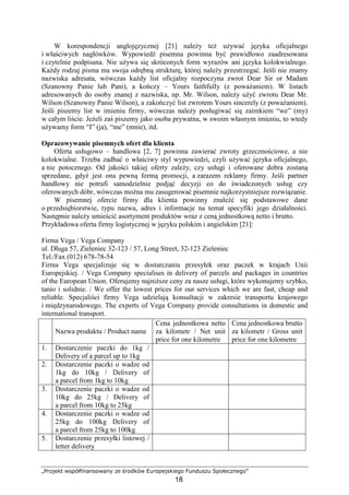 „Projekt współfinansowany ze środków Europejskiego Funduszu Społecznego”
18
W korespondencji anglojęzycznej [21] naleŜy teŜ uŜywać języka oficjalnego
i właściwych nagłówków. Wypowiedź pisemna powinna być prawidłowo zaadresowana
i czytelnie podpisana. Nie uŜywa się skróconych form wyrazów ani języka kolokwialnego.
KaŜdy rodzaj pisma ma swoja odrębną strukturę, której naleŜy przestrzegać. Jeśli nie znamy
nazwiska adresata, wówczas kaŜdy list oficjalny rozpoczyna zwrot Dear Sir or Madam
(Szanowny Panie lub Pani), a kończy – Yours faithfully (z powaŜaniem). W listach
adresowanych do osoby znanej z nazwiska, np. Mr. Wilson, naleŜy uŜyć zwrotu Dear Mr.
Wilson (Szanowny Panie Wilson), a zakończyć list zwrotem Yours sincerely (z powaŜaniem).
Jeśli piszemy list w imieniu firmy, wówczas naleŜy posługiwać się zaimkiem “we” (my)
w całym liście. JeŜeli zaś piszemy jako osoba prywatna, w swoim własnym imieniu, to wtedy
uŜywamy form “I” (ja), “me” (mnie), itd.
Opracowywanie pisemnych ofert dla klienta
Oferta usługowo – handlowa [2, 7] powinna zawierać zwroty grzecznościowe, a nie
kolokwialne. Trzeba zadbać o właściwy styl wypowiedzi, czyli uŜywać języka oficjalnego,
a nie potocznego. Od jakości takiej oferty zaleŜy, czy usługi i oferowane dobra zostaną
sprzedane, gdyŜ jest ona pewną formą promocji, a zarazem reklamy firmy. Jeśli partner
handlowy nie potrafi samodzielnie podjąć decyzji co do świadczonych usług czy
oferowanych dóbr, wówczas moŜna mu zasugerować pisemnie najkorzystniejsze rozwiązanie.
W pisemnej ofercie firmy dla klienta powinny znaleźć się podstawowe dane
o przedsiębiorstwie, typu nazwa, adres i informacje na temat specyfiki jego działalności.
Następnie naleŜy umieścić asortyment produktów wraz z ceną jednostkową netto i brutto.
Przykładowa oferta firmy logistycznej w języku polskim i angielskim [21]:
Firma Vega / Vega Company
ul. Długa 57, Zieleniec 32-123 / 57, Long Street, 32-123 Zieleniec
Tel./Fax (012) 678-78-54
Firma Vega specjalizuje się w dostarczaniu przesyłek oraz paczek w krajach Unii
Europejskiej. / Vega Company specialises in delivery of parcels and packages in countries
of the European Union. Oferujemy najniŜsze ceny za nasze usługi, które wykonujemy szybko,
tanio i solidnie. / We offer the lowest prices for our services which we are fast, cheap and
reliable. Specjaliści firmy Vega udzielają konsultacji w zakresie transportu krajowego
i międzynarodowego. The experts of Vega Company provide consultations in domestic and
international transport.
Nazwa produktu / Product name
Cena jednostkowa netto
za kilometr / Net unit
price for one kilometre
Cena jednostkowa brutto
za kilometr / Gross unit
price for one kilometre
1. Dostarczenie paczki do 1kg /
Delivery of a parcel up to 1kg
2. Dostarczenie paczki o wadze od
1kg do 10kg / Delivery of
a parcel from 1kg to 10kg
3. Dostarczenie paczki o wadze od
10kg do 25kg / Delivery of
a parcel from 10kg to 25kg
4. Dostarczenie paczki o wadze od
25kg do 100kg Delivery of
a parcel from 25kg to 100kg
5. Dostarczenie przesyłki listowej /
letter delivery
 