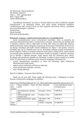 „Projekt współfinansowany ze środków Europejskiego Funduszu Społecznego”
22
Do: Hurtownia: “Sprzęt medyczny”
Od: Klinika „Zdrowie”
Adres e – mail : agrieq@wp.pl
Data: 5 lutego 2007
Temat: Oferta handlowa
Chcielibyśmy dowiedzieć się więcej o Waszej najnowszej ofercie handlowej narzędzi
chirurgicznych i jej aktualnych cenach. Jeśli macie szeroki asortyment produktów
i konkurencyjne ceny, moŜecie liczyć na nasze regularne zamówienia. Proszę o przesłanie
nam nowych katalogów i cenników.
Pozdrowienia,
Marek Emerald
Kierownik działu sprzedaŜy
Dokumenty związane z zaopatrzeniem materiałowym w przedsiębiorstwie
KaŜde przedsiębiorstwo uŜywa róŜnorodnych materiałów, które są potrzebne do
sprawnego funkcjonowania firmy i wykonywania w niej prac. Zamówienie jest składane albo
z inicjatywy nabywcy, albo w odpowiedzi na ofertę. Jeśli oferta mu odpowiada, nabywca
składa zamówienie, często posługując się gotowym, drukowanym formularzem. JeŜeli zaś nie
ma takiego formularza lub trzeba omówić dodatkowo nie objęte w nim punkty, wówczas
niezbędny staje się list. Niekiedy pisze się tzw. kontrofertę, próbując uzyskać od sprzedawcy
pewne ustępstwa. Nabywca ma prawo anulować zamówienie w kaŜdej chwili, zanim zostanie
ono przyjęte przez sprzedawcę. Jeśli zamówienie zostało juŜ przyjęte, a nabywca zmuszony
jest je odwołać z jakiegoś powodu, wtedy sprawa musi być omówiona przez strony.
W sytuacji, gdy sprzedawca zaniedba swe obowiązki, to nabywca moŜe wycofać się w kaŜdej
chwili. W zamówieniu na materiały naleŜy zamieścić następujące informacje [21]:
− wyrazić podziękowanie sprzedawcy za ofertę lub informację, gdzie widzieliśmy
oferowane przez niego towary,
− napisać numer zamówienia, jeśli jest on załączony,
− wykaz potrzebnych artykułów i ich ilość,
− ceny i metody płatności.
Dear Sir or Madam, / Szanowny Panie lub Pani,
Thank you for your offer. Please supply the following items: / Dziękujemy za ofertę.
Prosimy o dostarczenie następujących artykułów:
Order Form of Smelting Materials No. 135 / Druk zamówienia materiałów hutniczych nr 135
L.p. /
Item
number
Nazwa artykułu / Name of
article
Ilość / Quantity Cena jednostkowa brutto /
Unit gross price
1. stal nierdzewna / stainless
steel
10 tonnes / 10 ton 1500 PLN
2. stal kwasoodporna / acid –
resistant steel
5 tonnes / 5 ton 2000 PLN
3. blacha uniwersalna / gauge
plate
100 sheets / 100
arkuszy
35 PLN
Total /
Razem
3 items / 3 artykuły 28 500 PLN
 
