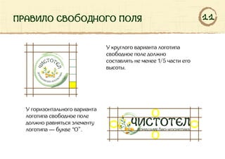 правило свободного поля
У круглого варианта логотипа
свободное поле должно
составлять не менее 1/5 части его
высоты.
У горизонтального варианта
логотипа свободное поле
должно равняться элементу
логотипа — букве “О”.
11
 