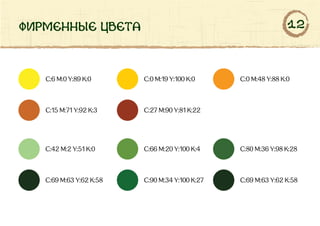 фирменные цвета
C:6 M:0 Y:89 K:0 C:0 M:19 Y:100 K:0 C:0 M:48 Y:88 K:0
C:80 M:36 Y:98 K:28
C:69 M:63 Y:62 K:58
C:15 M:71 Y:92 K:3 C:27 M:90 Y:81 K:22
C:42 M:2 Y:51 K:0 C:66 M:20 Y:100 K:4
C:69 M:63 Y:62 K:58 C:90 M:34 Y:100 K:27
12
 