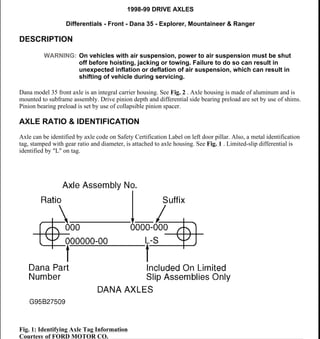 1998-99 DRIVE AXLES
Differentials - Front - Dana 35 - Explorer, Mountaineer & Ranger
DESCRIPTION
Dana model 35 front axle is an integral carrier housing. See Fig. 2 . Axle housing is made of aluminum and is
mounted to subframe assembly. Drive pinion depth and differential side bearing preload are set by use of shims.
Pinion bearing preload is set by use of collapsible pinion spacer.
AXLE RATIO & IDENTIFICATION
Axle can be identified by axle code on Safety Certification Label on left door pillar. Also, a metal identification
tag, stamped with gear ratio and diameter, is attached to axle housing. See Fig. 1 . Limited-slip differential is
identified by "L" on tag.
Fig. 1: Identifying Axle Tag Information
Courtesy of FORD MOTOR CO.
WARNING: On vehicles with air suspension, power to air suspension must be shut
off before hoisting, jacking or towing. Failure to do so can result in
unexpected inflation or deflation of air suspension, which can result in
shifting of vehicle during servicing.
1999 Ford Explorer
1998-99 DRIVE AXLES Differentials - Front - Dana 35 - Explorer, Mountaineer & Ranger
1999 Ford Explorer
1998-99 DRIVE AXLES Differentials - Front - Dana 35 - Explorer, Mountaineer & Ranger
Helpmelearn
November-17-07 10:45:31 AM Page 1 © 2005 Mitchell Repair Information Company, LLC.
Helpmelearn
November-17-07 10:45:34 AM Page 1 © 2005 Mitchell Repair Information Company, LLC.
 