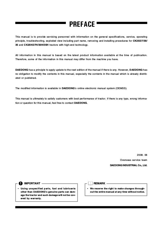 Kioti Daedong CK30H Tractor Service Repair Manual