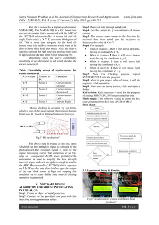 Surya Narayan Pradhan et al Int. Journal of Engineering Research and Applications www.ijera.com
ISSN : 2248-9622, Vol. 4, Issue 5( Version 1), May 2014, pp.149-153
www.ijera.com 152 | P a g e
The tilt is sensed by a digital accelerometer
MMA8451Q. The MMA8451Q is a I2C based low
cost accelerometer that is connected with the ADC of
the LPC2148 microcontroller. it senses tilt and tilt
angle. Each axis (i.e. X Y Z) can sense 90 degrees of
tilt. This is more than adequate for the head tilt
mouse since it is unlikely someone would want or be
able to move their head that much. Also, the chip is
sensitive enough for real-time use and has been used
in applications like real-time Robot balancing [9].
Depending upon the user‘s comfortably
sensitivity of accelerometer is set which decides the
cursor movement.
Table 1.Sensitivity values of accelerometer for
cursor movement
Axis values Symbol to
PC
Operation
Y>5 Sends 1 Cursor moves
upward
Y<2 Sends 2 Cursor moves
downward
X<-5 Sends 3 Cursor moves
Left
X>5 Sends 4 moves Right
Mouse clicking is actuated by eye-blink,
which is one of the most natural phenomenon human
behaviour. It based on Infrared radiation from eye.
Fig.5".IR mechanism"
The object here is treated as the eye, upon
which IR ray falls reflection signal is collected by the
photodetector.The received signal is sent to the
signal processing circuit that comprises of an Op-
amp or comparator(LM358 most probably).The
comparator is used to amplify the low strength
received signal makes it strengthen enough to send to
the ADC Microcontroller(LPC2148) which operates
on 3.3v.When the user close his/her eyes the output
of the eye blink sensor is high and keeping this
condition up to some define time interval clicking
operation is generated.
V. SOFTWARE DESIGN:
ALGORITHM FOR MOUSE INTERFACING
IN VISUAL C#:
Step1: Create an object of serial port class
Step2: Connect to the provided com port with this
object by passing parameter values.
Step3: Received data through serial port
Step4: Get the current (x, y) co-ordinates of mouse
cursors
Step5: The mouse cursor moves to the direction by
received data from serial port by increases or
decreases the value of X or Y
Step6: For example
 when it receives 1,then it will move upwards,
having co-ordinatesX,Y+1,
 When it receives 2 then it will move down-
word having the coordinate x, y-1.
 When it receives 3 then it will move left
having the coordinate x-1, y.
 When it receives 4 then it will move right
having the coordinate x+1, y.
Step7: Now For Clicking purpose import
SYSTEM32.DLL into the program.
Step8: when it gets proper value of timer, it will do
required click operation
Step9: Now one can move cursor, click and open a
folder
Keil uvision: Keil simulator is used for the purpose
of coding ARM7 LPC2148 microcontroller unit.
Flash magic: This software is used to dump the hex
code generated from keil into LPC2148 MCU.
Flow chart:
5.1.Experiment Setup & Results:
Fig.6 "accelerometer values at different head
positions"
 