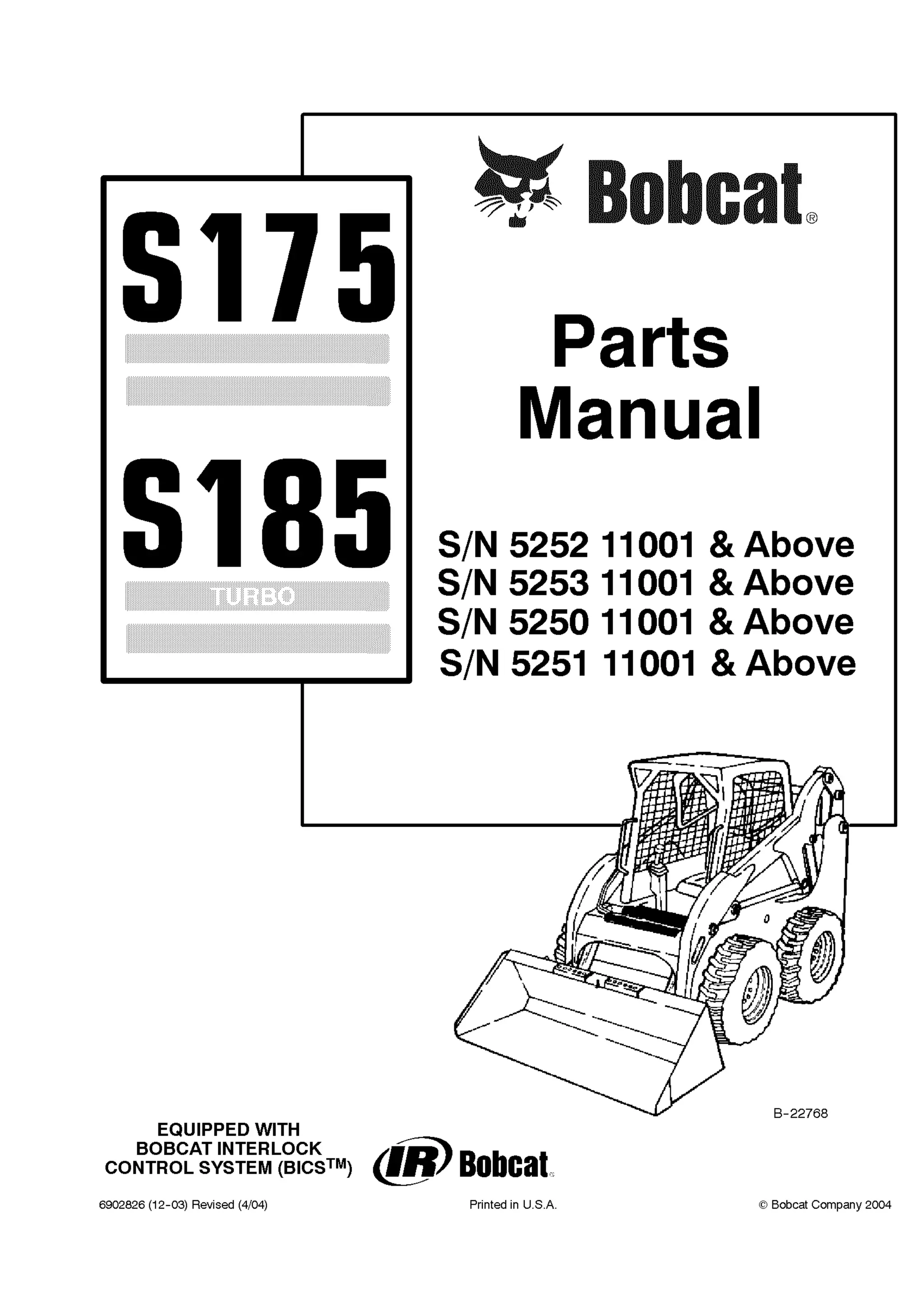 Bobcat S175 S185 Skid Steer Loader Parts Catalogue Manual S/N 5253