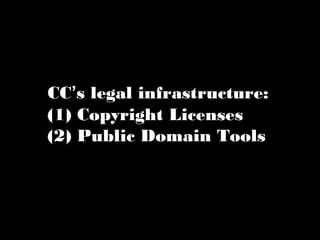 CC’s legal infrastructure: 
(1) Copyright Licenses 
(2) Public Domain Tools 
 