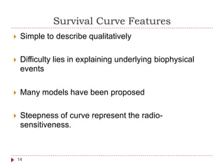 Survival Curve Features
 Simple to describe qualitatively
 Difficulty lies in explaining underlying
events
biophysical
 Many models have been proposed
 Steepness of curve represent the radio-
sensitiveness.
14
 