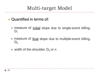 Multi-target Model
 Quantified in terms of:
 measure of
D1
 measure of
D0
 width of the
initial slope due to single-event killing,
final slope due to multiple-event killing,
shoulder, Dq or n
28
 