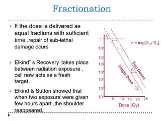Fractionation
If the dose is delivered as
equal fractions with sufficient
time ,repair of sub-lethal
damage ocurs

n = exp[D / D ]q 0
104
103
Elkind‟ s Recovery takes place 102
between radiation exposure ,
cell now acts as a fresh
target.
q
101
100
-1
10
Elkind & Sutton showed that
when two exposure were given
few hours apart ,the shoulder

-2
10 5 10 2515 20
Dose (Gy)
reappeared.
Dq
n = e
D
D0
-
 