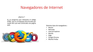 Navegadores de Internet
¿Qué es ?
Es un programa que interpreta el código
HTML, que es el lenguaje estructurado por
medio del cual esta construida una pagina
web. Distintos tipos de navegadores :
• Mosaic
• Netscape
• Internet Explorer
• Mozilla
• Edge
• Google Chrome
• Mozilla Firefox
 