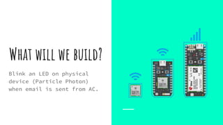 What will we build?
Blink an LED on physical
device (Particle Photon)
when email is sent from AC.
 