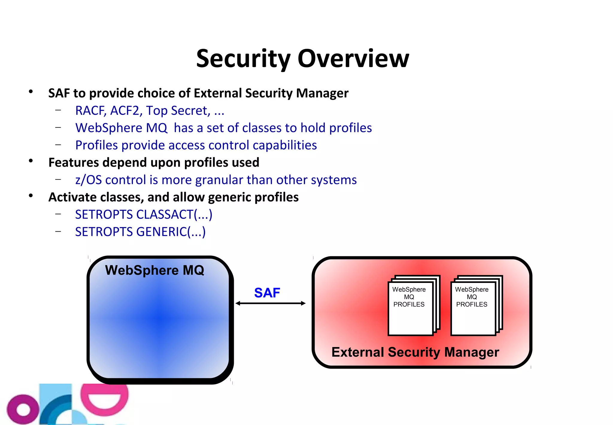 Security Overview 
 SAF to provide choice of External Security Manager 
- RACF, ACF2, Top Secret, ... 
- WebSphere MQ has a set of classes to hold profiles 
- Profiles provide access control capabilities 
 Features depend upon profiles used 
- z/OS control is more granular than other systems 
 Activate classes, and allow generic profiles 
WebSphere MQ 
WebSphere 
MQ 
PROFILES 
WebSphere 
MQ 
PROFILES 
External Security Manager 
SAF 
- SETROPTS CLASSACT(...) 
- SETROPTS GENERIC(...) 
 