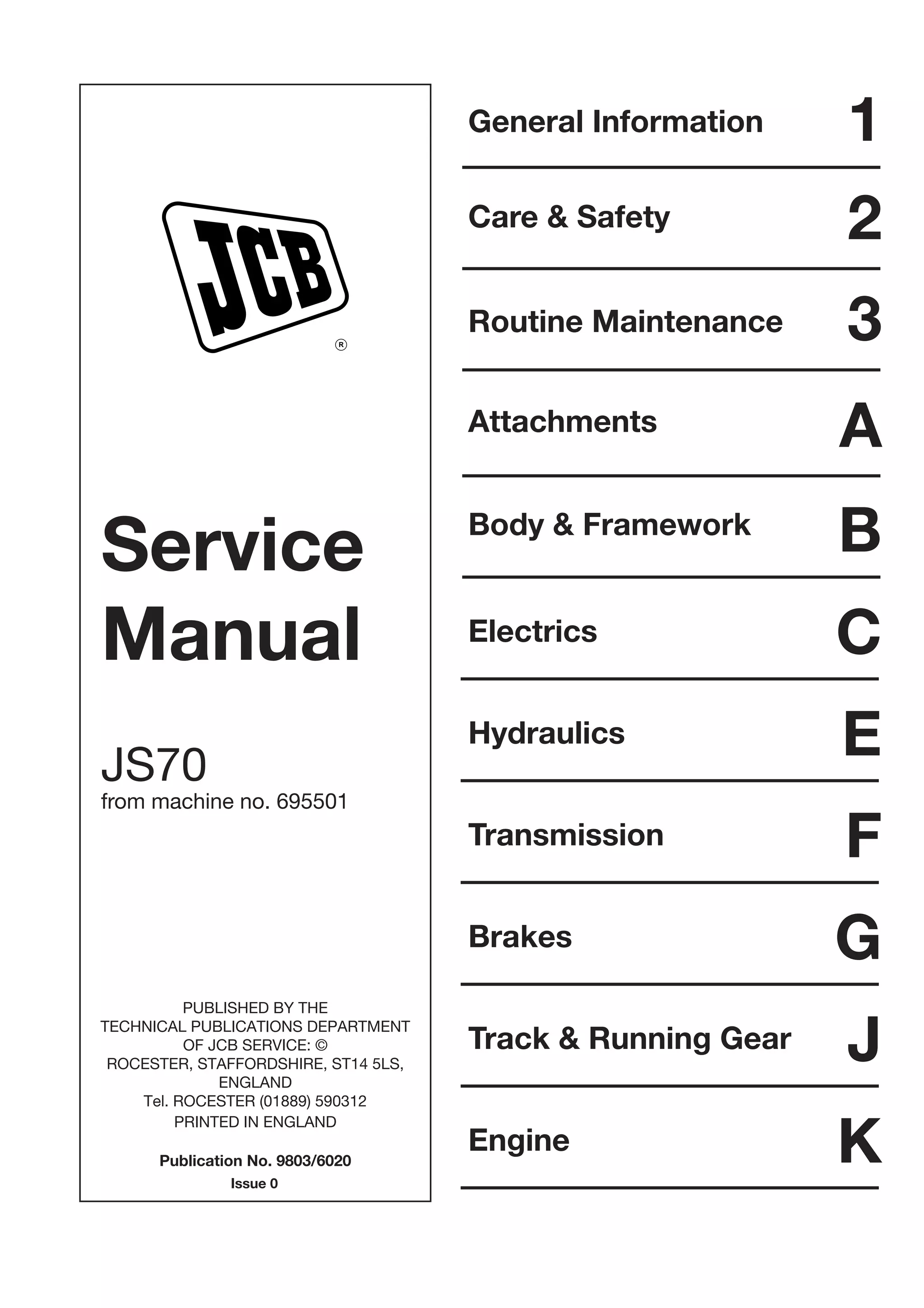 JCB JS70 Tracked Excavator Service Repair Manual SN:695501 Onwards | PDF