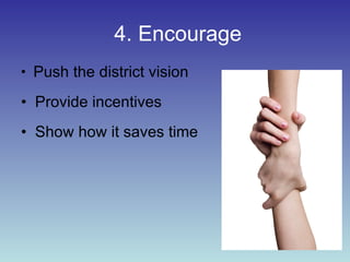 4. Encourage Push the district vision Provide incentives Show how it saves time 