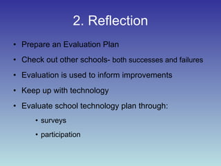 2. Reflection Prepare an Evaluation Plan Check out other schools-  both successes and failures Evaluation is used to inform improvements Keep up with technology Evaluate school technology plan through: surveys participation 
