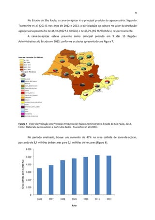 9 
 
No Estado de São Paulo, a cana‐de‐açúcar é o principal produto da agropecuária. Segundo 
Tsunechiro et al. (2014), nos anos de 2012 e 2013, a participação da cultura no valor da produção 
agropecuária paulista foi de 48,3% (R$27,5 bilhões) e de 46,7% (R$ 26,9 bilhões), respectivamente. 
A  cana‐de‐açúcar  esteve  presente  como  principal  produto  em  9  das  15  Regiões 
Administrativas do Estado em 2013, conforme os dados apresentados na Figura 7.  
 
Figura 7 ‐ Valor da Produção dos Principais Produtos por Região Administrativa, Estado de São Paulo, 2013.  
Fonte: Elaborada pelos autores a partir dos dados , Tsunechiro et al.(2014). 
 
 
No  período  analisado,  houve  um  aumento  de  47%  na  área  colhida  de  cana‐de‐açúcar, 
passando de 3,4 milhões de hectares para 5,1 milhões de hectares (Figura 8). 
0 
1.000 
2.000 
3.000 
4.000 
5.000 
6.000 
2006 2007 2008 2009 2010 2011 2012
Área colhida (em 1.000 ha)
Ano
 
 