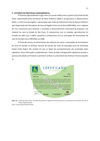 11 
 
4 ‐ HISTÓRICO DO PROTOCOLO AGROAMBIENTAL 
O Protocolo Agroambiental surgiu como um acordo inédito entre o governo do Estado de São 
Paulo, representado pelas Secretarias do Meio Ambiente (SMA) e da Agricultura e Abastecimento 
(SAA), e o Setor Sucroenergético, representado pela União da Indústria da Cana de Açúcar (UNICA) e 
pela Organização dos Plantadores de Cana da Região Centro‐Sul do Brasil (ORPLANA), com o objetivo 
de criar mecanismos para estimular e consolidar o desenvolvimento sustentável da produção e da 
indústria  da  cana  no  Estado  de  São  Paulo.  O  compromisso  com  as  unidades  agroindustriais  foi 
firmado em 2007 com a UNICA, enquanto o compromisso com as associações de fornecedores de 
cana foi firmado com a ORPLANA, em 2008. 
O Protocolo prevê o reconhecimento dos esforços das usinas e associações de fornecedores 
de cana em atender às Diretivas Técnicas do acordo, por meio da renovação anual do Certificado 
Etanol  Verde  (Figura  10),  ocasião  em  que  os  dados  de  acompanhamento  são  atualizados  pelos 
signatários. Essas informações complementam o Plano de Ação entregue pelos signatários durante o 
processo de adesão ao Protocolo e permitem verificar o cumprimento das Diretivas Técnicas (Quadro 
1). 
 
 
Figura 10 ‐ Certificado Etanol Verde, Concedido Anualmente às Signatárias que Demonstrarem o Cumprimento das Diretivas Técnicas do 
Protocolo Agroambiental. 
Fonte: Protocolo Agroambiental (2014). 
 