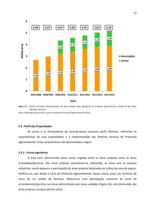17 
 
2,68
2,97
3,24 3,40
3,64 3,80 3,89
1,10
1,17
1,14
1,24
1,29
0
1
2
3
4
5
6
2007/2008 2008/2009 2009/2010 2010/2011 2011/2012 2012/2013 2013/2014
Milhão de ha
Associações
Usinas
2,68 2,97 4,34 4,58 4,78 5,03 5,18
Safra  
Figura  15  ‐  Histórico  da  Área  Compromissada  com  Boas  Práticas  pelas  Signatárias  do  Protocolo  Agroambiental,  Estado  de  São  Paulo, 
2007/08 a 2013/14.  
Fonte: Elaborada pelos autores a partir de dados do Protocolo Agroambiental (2014). 
 
 
5.2 ‐ Perfil das Propriedades 
As  usinas  e  os  fornecedores  de  cana‐de‐açúcar  possuem  perfis  distintos,  referentes  às 
características  de  suas  propriedades  e  à  implementação  das  diretivas  técnicas  do  Protocolo 
Agroambiental. Essas características são apresentadas a seguir. 
 
5.2.1 ‐ Usinas signatárias 
A  área  total  administrada  pelas  usinas  engloba  tanto  as  áreas  próprias  como  as  áreas 
arrendadas/parceiras.  Nas  áreas  próprias  concentram‐se,  sobretudo,  as  áreas  com  os  parques 
industriais, sendo pequena a participação de áreas próprias destinadas ao cultivo da cana‐de‐açúcar. 
Verificou‐se, que desde o início do Protocolo Agroambiental, houve nessas áreas um aumento de 
cerca  de  1,2  milhão  de  hectares.  Observa‐se  uma  participação  crescente  de  áreas  de 
arrendamento/parceria nas áreas administradas por essas unidades (Figura 16), com diminuição das 
áreas próprias nas duas últimas safras. 
 
 