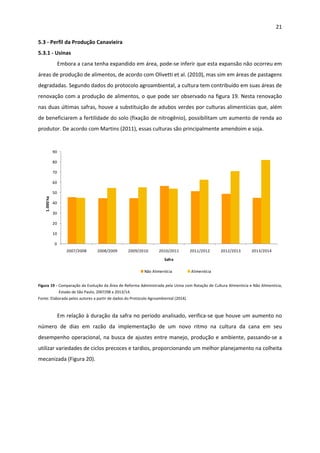 21 
 
5.3 ‐ Perfil da Produção Canavieira 
5.3.1 ‐ Usinas 
Embora a cana tenha expandido em área, pode‐se inferir que esta expansão não ocorreu em 
áreas de produção de alimentos, de acordo com Olivetti et al. (2010), mas sim em áreas de pastagens 
degradadas. Segundo dados do protocolo agroambiental, a cultura tem contribuído em suas áreas de 
renovação com a produção de alimentos, o que pode ser observado na figura 19. Nesta renovação 
nas duas últimas safras, houve a substituição de adubos verdes por culturas alimentícias que, além 
de beneficiarem a fertilidade do solo (fixação de nitrogênio), possibilitam um aumento de renda ao 
produtor. De acordo com Martins (2011), essas culturas são principalmente amendoim e soja. 
 
0
10
20
30
40
50
60
70
80
90
2007/2008 2008/2009 2009/2010 2010/2011 2011/2012 2012/2013 2013/2014
1.000 ha
Safra
Não Alimentícia Alimentícia
 
Figura 19 ‐ Comparação da Evolução da Área de Reforma Administrada pela Usina com Rotação de Cultura Alimentícia e Não Alimentícia, 
Estado de São Paulo, 2007/08 a 2013/14.  
Fonte: Elaborada pelos autores a partir de dados do Protocolo Agroambiental (2014). 
 
Em relação à duração da safra no período analisado, verifica‐se que houve um aumento no 
número  de  dias  em  razão  da  implementação  de  um  novo  ritmo  na  cultura  da  cana  em  seu 
desempenho operacional, na busca de ajustes entre manejo, produção e ambiente, passando‐se a 
utilizar variedades de ciclos precoces e tardios, proporcionando um melhor planejamento na colheita 
mecanizada (Figura 20). 
 