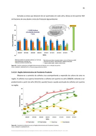 36 
Protocolo Agroambiental do Setor Sucroenergético Paulista: dados consolidados das safras 2007/08 a 2013/14 – Dez. 2014 
 
Somadas as áreas que deixaram de ser queimadas em cada safra, deixou‐se de queimar 464 
mil hectares de cana desde o início do Protocolo Agroambiental. 
174
227
197
223
265
199 192 193
179
198
160
179 174
148
96
72
-5
29 37 44
91
51
96
121
464 mil ha*
-100
0
100
200
300
400
500
Safra
2006/2007
Safra
2007/2008
Safra
2008/2009
Safra
2009/2010
Safra
2010/2011
Safra
2011/2012
Safra
2012/2013
Safra
2013/2014
Total
Área que poderia ser queimada conforme Lei 11.241 (ha)
Área efetivamente queimada (ha)
Área que se deixou de queimar (ha)
Área(milhectares)
Safra
* Área total que se deixou de queimar desde o início do Protocolo em 2007
** Monóxido de Carbono, Hidrocarbonetos e Material Particulado
~ 5.020 ônibus
circulando durante
1 ano
Deixou de emitir ~288
mil toneladas de GEE***
Deixou de emitir ~1,73
milhões de toneladas
de poluentes**
*** Gases de efeito estufa: metano e óxido nitroso
2006/2007 2007/2008 2008/2009 2009/2010 2010/2011 2011/2012 2012/2013 2013/2014
 
Figura 45 ‐ Ganhos ambientais da Região Administrativa de Marília com a redução da queima. 
Fonte: CANASAT, AGROSATELITE e Protocolo Agroambiental (2014).  
 
5.4.3.8 ‐ Região Administrativa de Presidente Prudente 
Observa‐se o aumento da colheita crua acompanhando a expansão da cultura da cana na 
região. A colheita crua superou brevemente a colheita com queima na safra 2008/09, voltando a ser 
predominante a partir da safra 2011/12, quando houve a queda acentuada da colheita com queima 
na região.  
180
235
327
409
428
446
471
163
211
244
285
368
407
420
425
35
109
146 140
185
261
313
368
128
102 98
145
183
146
107
56
0
100
200
300
400
500
Total Cultivo Total Colhido Cana Crua Cana Queima
Área(milhectares)
Safra
79%
21%
13%
87%
2006/2007 2007/2008 2008/2009 2009/2010 2010/2011 2011/2012 2012/2013 2013/2014
 
Figura 46 ‐ Evolução da colheita da cana na Região Administrativa de Presidente Prudente.  
Fonte: CANASAT e AGROSATELITE. 
 
 