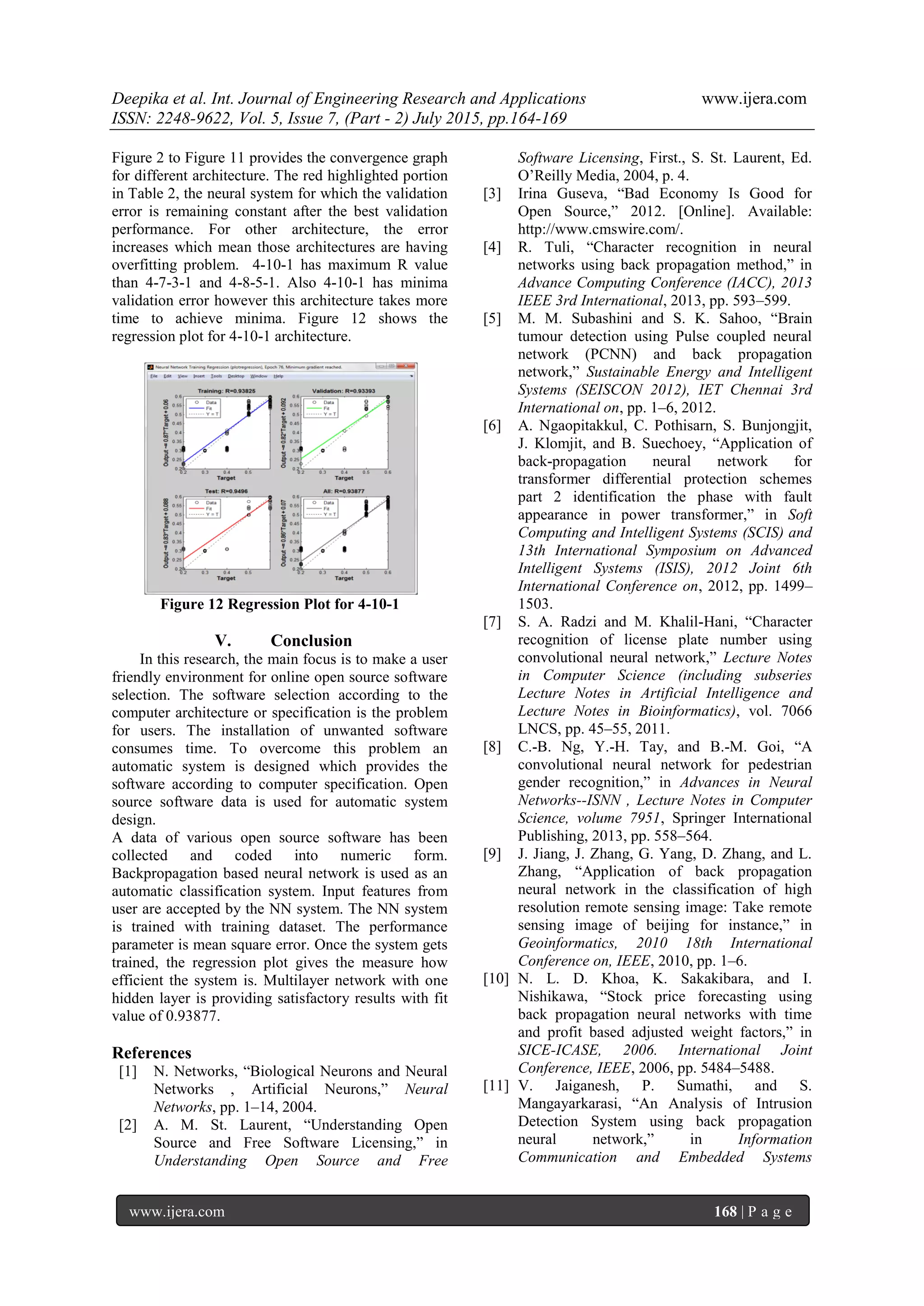 Deepika et al. Int. Journal of Engineering Research and Applications www.ijera.com
ISSN: 2248-9622, Vol. 5, Issue 7, (Part - 2) July 2015, pp.164-169
www.ijera.com 168 | P a g e
Figure 2 to Figure 11 provides the convergence graph
for different architecture. The red highlighted portion
in Table 2, the neural system for which the validation
error is remaining constant after the best validation
performance. For other architecture, the error
increases which mean those architectures are having
overfitting problem. 4-10-1 has maximum R value
than 4-7-3-1 and 4-8-5-1. Also 4-10-1 has minima
validation error however this architecture takes more
time to achieve minima. Figure 12 shows the
regression plot for 4-10-1 architecture.
Figure 12 Regression Plot for 4-10-1
V. Conclusion
In this research, the main focus is to make a user
friendly environment for online open source software
selection. The software selection according to the
computer architecture or specification is the problem
for users. The installation of unwanted software
consumes time. To overcome this problem an
automatic system is designed which provides the
software according to computer specification. Open
source software data is used for automatic system
design.
A data of various open source software has been
collected and coded into numeric form.
Backpropagation based neural network is used as an
automatic classification system. Input features from
user are accepted by the NN system. The NN system
is trained with training dataset. The performance
parameter is mean square error. Once the system gets
trained, the regression plot gives the measure how
efficient the system is. Multilayer network with one
hidden layer is providing satisfactory results with fit
value of 0.93877.
References
[1] N. Networks, “Biological Neurons and Neural
Networks , Artificial Neurons,” Neural
Networks, pp. 1–14, 2004.
[2] A. M. St. Laurent, “Understanding Open
Source and Free Software Licensing,” in
Understanding Open Source and Free
Software Licensing, First., S. St. Laurent, Ed.
O‟Reilly Media, 2004, p. 4.
[3] Irina Guseva, “Bad Economy Is Good for
Open Source,” 2012. [Online]. Available:
http://www.cmswire.com/.
[4] R. Tuli, “Character recognition in neural
networks using back propagation method,” in
Advance Computing Conference (IACC), 2013
IEEE 3rd International, 2013, pp. 593–599.
[5] M. M. Subashini and S. K. Sahoo, “Brain
tumour detection using Pulse coupled neural
network (PCNN) and back propagation
network,” Sustainable Energy and Intelligent
Systems (SEISCON 2012), IET Chennai 3rd
International on, pp. 1–6, 2012.
[6] A. Ngaopitakkul, C. Pothisarn, S. Bunjongjit,
J. Klomjit, and B. Suechoey, “Application of
back-propagation neural network for
transformer differential protection schemes
part 2 identification the phase with fault
appearance in power transformer,” in Soft
Computing and Intelligent Systems (SCIS) and
13th International Symposium on Advanced
Intelligent Systems (ISIS), 2012 Joint 6th
International Conference on, 2012, pp. 1499–
1503.
[7] S. A. Radzi and M. Khalil-Hani, “Character
recognition of license plate number using
convolutional neural network,” Lecture Notes
in Computer Science (including subseries
Lecture Notes in Artificial Intelligence and
Lecture Notes in Bioinformatics), vol. 7066
LNCS, pp. 45–55, 2011.
[8] C.-B. Ng, Y.-H. Tay, and B.-M. Goi, “A
convolutional neural network for pedestrian
gender recognition,” in Advances in Neural
Networks--ISNN , Lecture Notes in Computer
Science, volume 7951, Springer International
Publishing, 2013, pp. 558–564.
[9] J. Jiang, J. Zhang, G. Yang, D. Zhang, and L.
Zhang, “Application of back propagation
neural network in the classification of high
resolution remote sensing image: Take remote
sensing image of beijing for instance,” in
Geoinformatics, 2010 18th International
Conference on, IEEE, 2010, pp. 1–6.
[10] N. L. D. Khoa, K. Sakakibara, and I.
Nishikawa, “Stock price forecasting using
back propagation neural networks with time
and profit based adjusted weight factors,” in
SICE-ICASE, 2006. International Joint
Conference, IEEE, 2006, pp. 5484–5488.
[11] V. Jaiganesh, P. Sumathi, and S.
Mangayarkarasi, “An Analysis of Intrusion
Detection System using back propagation
neural network,” in Information
Communication and Embedded Systems
 