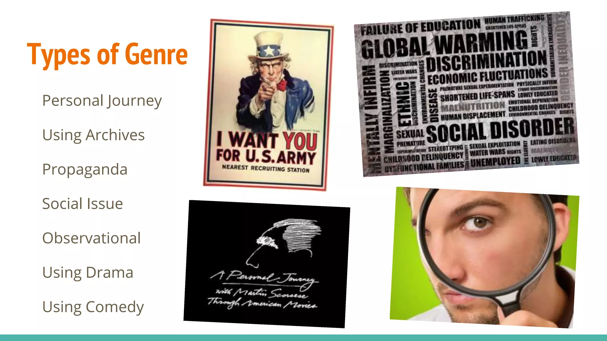 Types of Genre
Personal Journey
Using Archives
Propaganda
Social Issue
Observational
Using Drama
Using Comedy