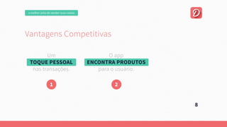 omelhorjeitodevendersuascoisas
VantagensCompetitivas
Um
TOQUEPESSOAL
nastransações.
1
Oapp
ENCONTRAPRODUTOS
paraousuário.
2
8
 