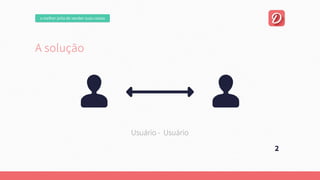 Asolução
Umaplataformaonline,focadanaexperiênciadousuário.
Quepermitaumanegociaçãofácilentrecompradorevendedor.
Esejacapazdeencontrarautomaticamente
aquiloqueousuárioprocura.
2
Usuário-Usuário
omelhorjeitodevendersuascoisas
 