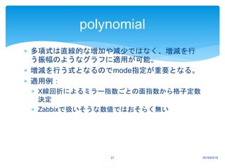  多項式は直線的な増加や減少ではなく、増減を行
う振幅のようなグラフに適用が可能。
 増減を行う式となるのでmode指定が重要となる。
 適用例：
 X線回折によるミラー指数ごとの面指数から格子定数
決定
 Zabbixで扱いそうな数値ではおそらく無い
2016/03/1621
polynomial
 