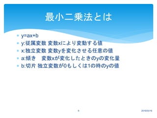 2016/03/169
最小二乗法とは
 y=ax+b
 y:従属変数 変数xにより変動する値
 x:独立変数 変数yを変化させる任意の値
 a:傾き 変数xが変化したときのyの変化量
 b:切片 独立変数が0もしくは1の時のyの値
 