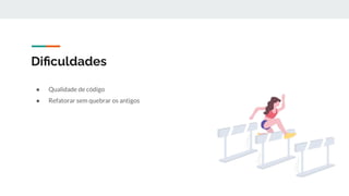 Diﬁculdades
● Qualidade de código
● Refatorar sem quebrar os antigos
 