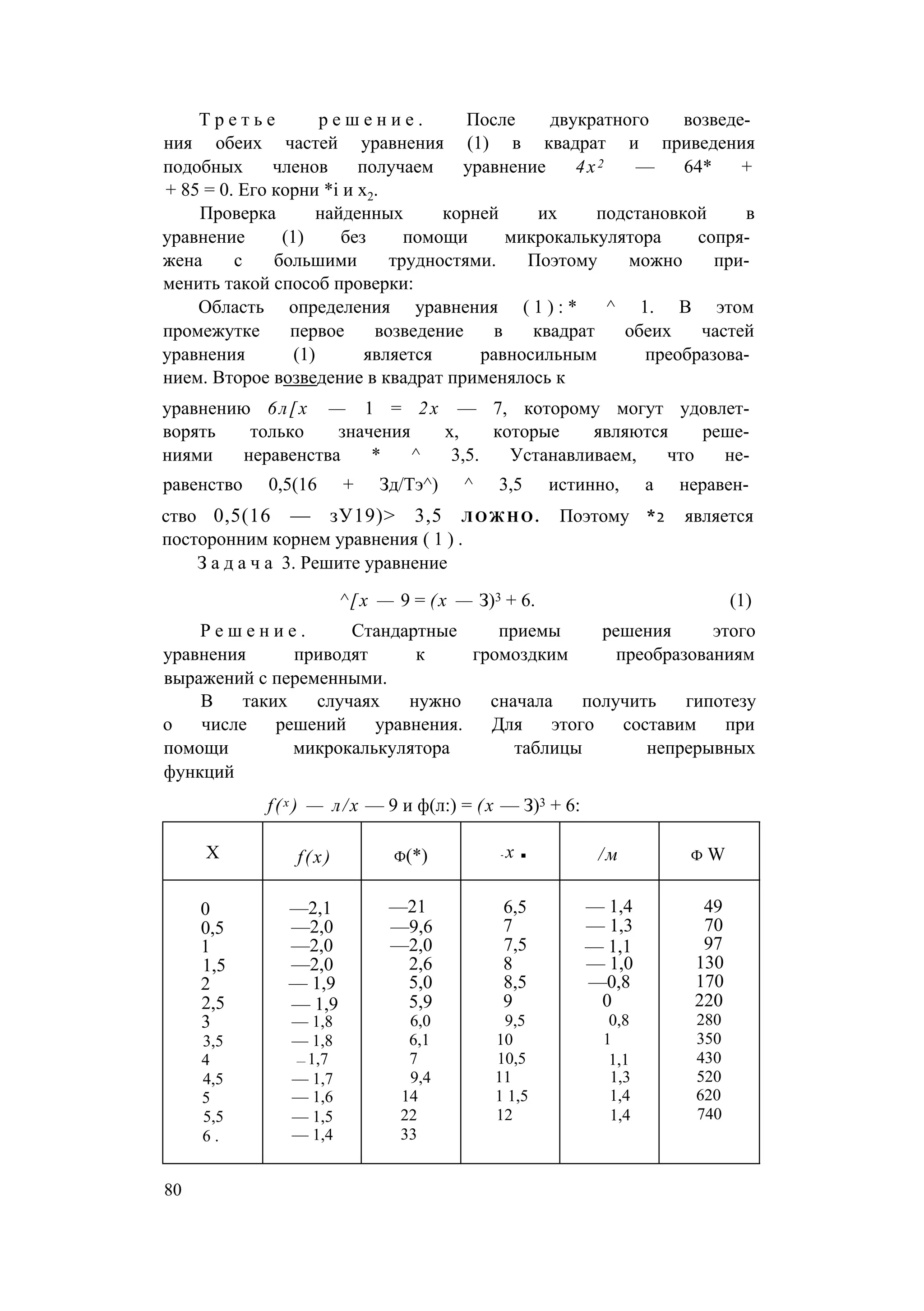 Т р е т ь е р е ш е н и е . После двукратного возведе­
ния обеих частей уравнения (1) в квадрат и приведения
подобных членов получаем уравнение 4х2 — 64* +
+ 85 = 0. Его корни *i и х2.
Проверка найденных корней их подстановкой в
уравнение (1) без помощи микрокалькулятора сопря­
жена с большими трудностями. Поэтому можно при­
менить такой способ проверки:
Область определения уравнения ( 1 ) : * ^ 1. В этом
промежутке первое возведение в квадрат обеих частей
уравнения (1) является равносильным преобразова­
нием. Второе возведение в квадрат применялось к
уравнению 6л[х — 1 = 2х — 7, которому могут удовлет­
ворять только значения х, которые являются реше­
ниями неравенства * ^ 3,5. Устанавливаем, что не­
равенство 0,5(16 + Зд/Тэ^) ^ 3,5 истинно, а неравен­
ство 0,5(16 — зУ19)> 3,5 ЛОЖНО. Поэтому *2 является
посторонним корнем уравнения ( 1 ) .
З а д а ч а 3. Решите уравнение
^[х — 9 = (х — З)3 + 6. (1)
Р е ш е н и е . Стандартные приемы решения этого
уравнения приводят к громоздким преобразованиям
выражений с переменными.
В таких случаях нужно сначала получить гипотезу
о числе решений уравнения. Для этого составим при
помощи микрокалькулятора таблицы непрерывных
функций
f(x ) — л/х — 9 и ф(л:) = (х — З)3 + 6:
X f(x) ф(*) - х ■ /м ф W
0 —2,1 —21 6,5 — 1,4 49
0,5 —2,0 —9,6 7 — 1,3 70
1 —2,0 —2,0 7,5 — 1,1 97
1,5 —2,0 2,6 8 — 1,0 130
2 — 1,9 5,0 8,5 —0,8 170
2,5 — 1,9 5,9 9 0 220
3 — 1,8 6,0 9,5 0,8 280
3,5 — 1,8 6,1 10 1 350
4 — 1,7 7 10,5 1,1 430
4,5 — 1,7 9,4 11 1,3 520
5 — 1,6 14 1 1,5 1,4 620
5,5 — 1,5 22 12 1,4 740
6 . — 1,4 33
80
 
