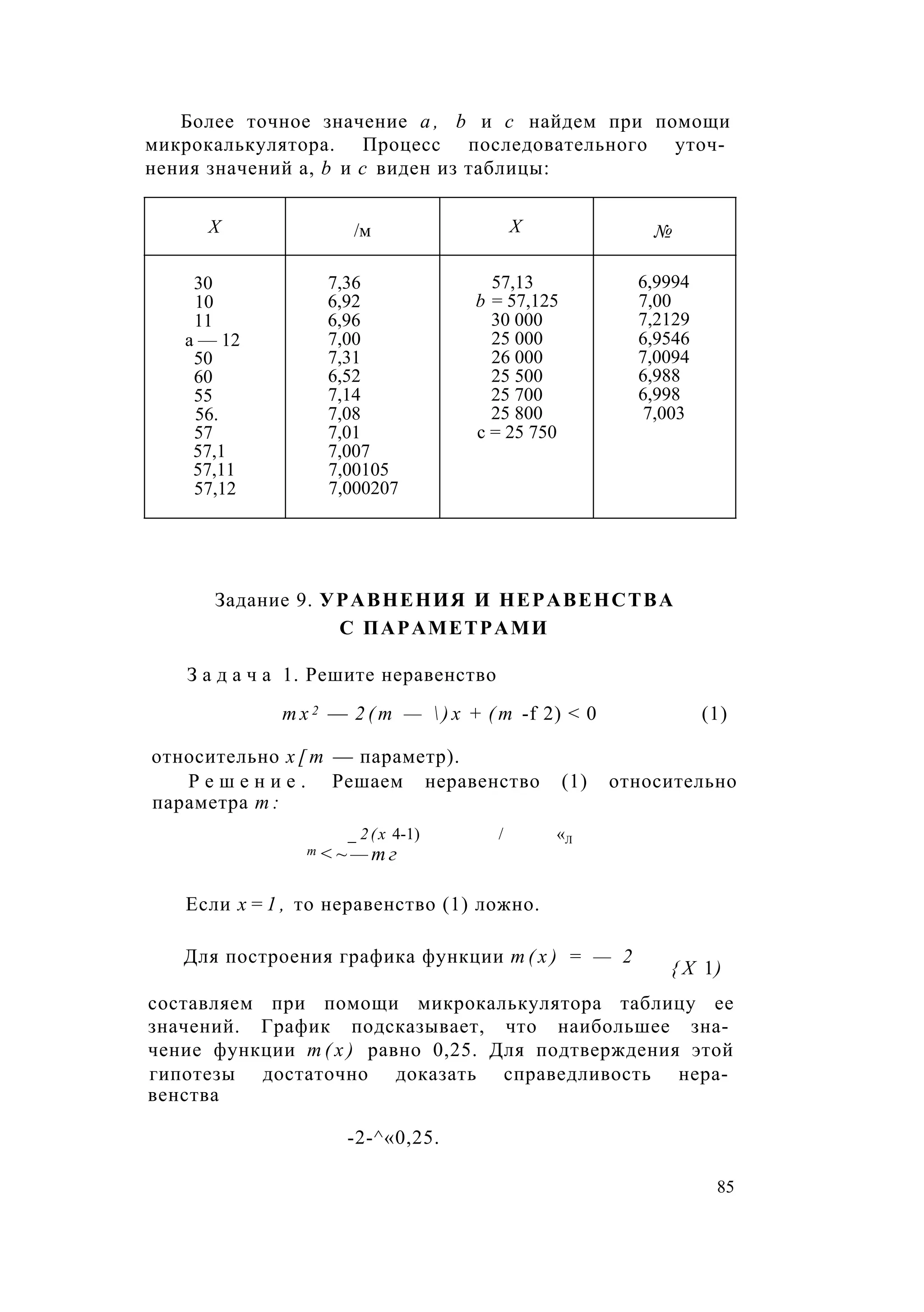Более точное значение а , b и с найдем при помощи
микрокалькулятора. Процесс последовательного уточ­
нения значений а, b и с виден из таблицы:
X /м X №
30 7,36 57,13 6,9994
10 6,92 b = 57,125 7,00
11 6,96 30 000 7,2129
а — 12 7,00 25 000 6,9546
50 7,31 26 000 7,0094
60 6,52 25 500 6,988
55 7,14 25 700 6,998
56. 7,08 25 800 7,003
57 7,01 с = 25 750
57,1 7,007
57,11 7,00105
57,12 7,000207
Задание 9. УРАВНЕНИЯ И НЕРАВЕНСТВА
С ПАРАМЕТРАМИ
З а д а ч а 1. Решите неравенство
т х 2 — 2 ( т —  ) х + ( т -f 2) < 0 (1)
относительно х [ т — параметр).
Р е ш е н и е . Решаем неравенство (1) относительно
параметра т :
_ 2(х 4-1) / «Л
т < ~ — т г
Если х = 1 , то неравенство (1) ложно.
Для построения графика функции т ( х ) = — 2
{ X 1)
составляем при помощи микрокалькулятора таблицу ее
значений. График подсказывает, что наибольшее зна­
чение функции т ( х ) равно 0,25. Для подтверждения этой
гипотезы достаточно доказать справедливость нера­
венства
-2-^«0,25.
85
 