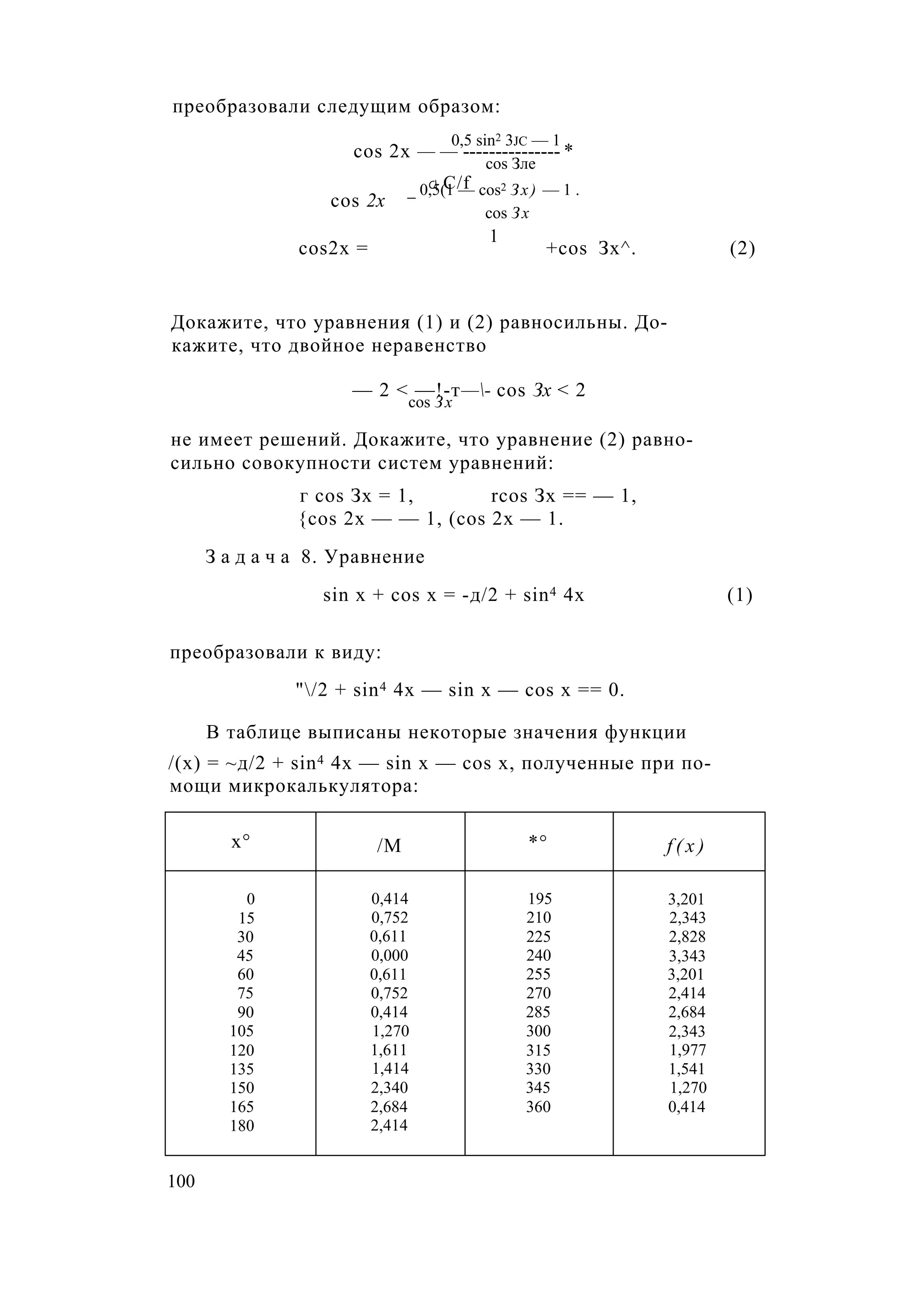 преобразовали следущим образом:
0,5 sin2 3jc — 1
cos 2х — — --------------- *
cos Зле
С C/f
cos 2х
_ 0,5(1 — cos2 Зх) — 1 .
cos Зх
1
cos2x = +cos Зх^. (2)
Докажите, что уравнения (1) и (2) равносильны. До­
кажите, что двойное неравенство
— 2 < —!-т—- cos Зх < 2
cos Зх
не имеет решений. Докажите, что уравнение (2) равно­
сильно совокупности систем уравнений:
г cos Зх = 1, rcos Зх == — 1,
{cos 2х — — 1, (cos 2х — 1.
З а д а ч а 8. Уравнение
sin х + cos х = -д/2 + sin4 4х (1)
преобразовали к виду:
"/2 + sin4 4х — sin х — cos х == 0.
В таблице выписаны некоторые значения функции
/(х) = ~д/2 + sin4 4х — sin х — cos х, полученные при по­
мощи микрокалькулятора:
х° /М *° f ( x )
0 0,414 195 3,201
15 0,752 210 2,343
30 0,611 225 2,828
45 0,000 240 3,343
60 0,611 255 3,201
75 0,752 270 2,414
90 0,414 285 2,684
105 1,270 300 2,343
120 1,611 315 1,977
135 1,414 330 1,541
150 2,340 345 1,270
165 2,684 360 0,414
180 2,414
100
 