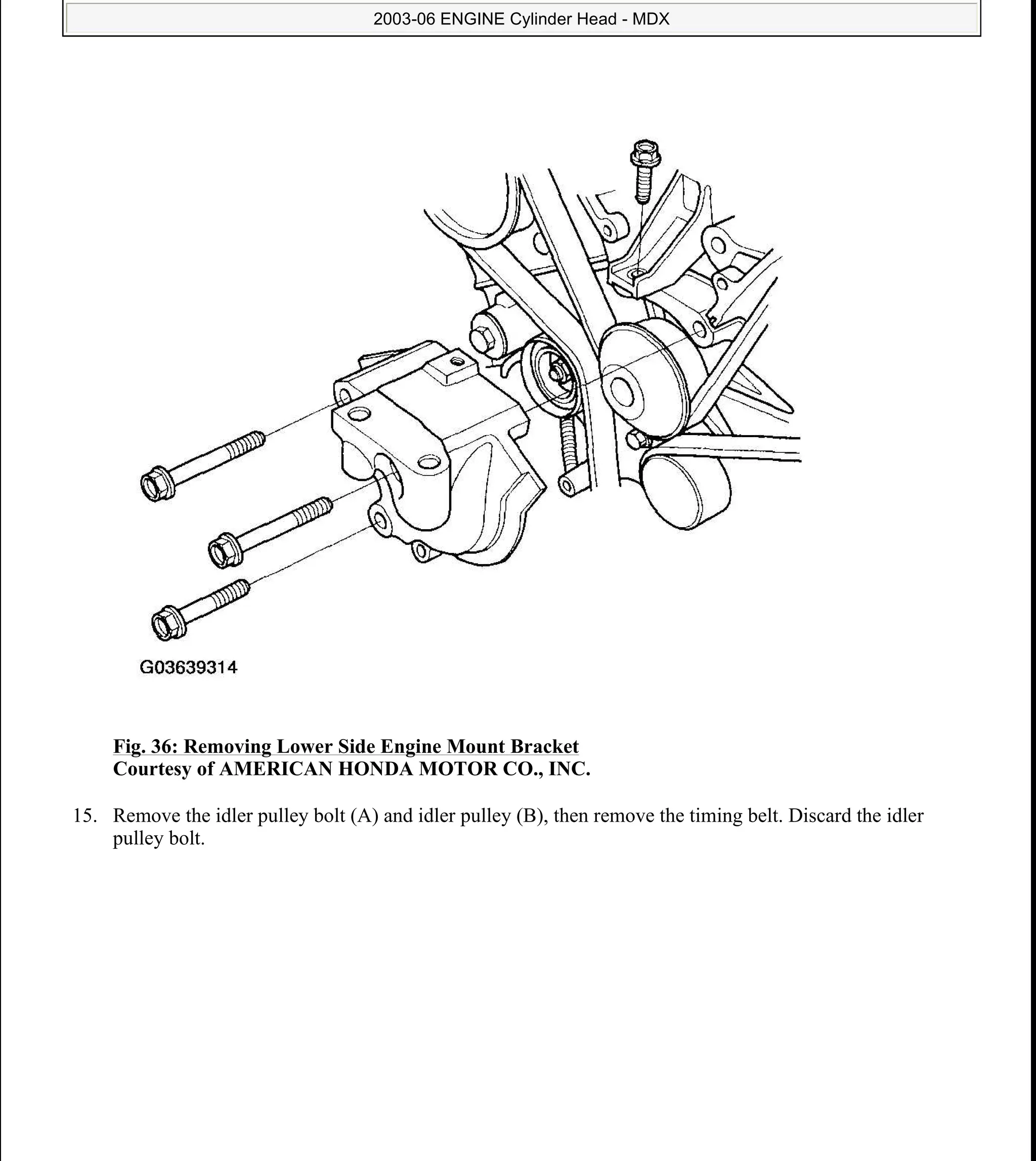 Fig. 36: Removing Lower Side Engine Mount Bracket
Courtesy of AMERICAN HONDA MOTOR CO., INC.
15. Remove the idler pulley bolt (A) and idler pulley (B), then remove the timing belt. Discard the idler
pulley bolt.
2006 Acura MDX
2003-06 ENGINE Cylinder Head - MDX
me
Sunday, May 10, 2009 3:57:15 PM Page 37 © 2005 Mitchell Repair Information Company, LLC.
 