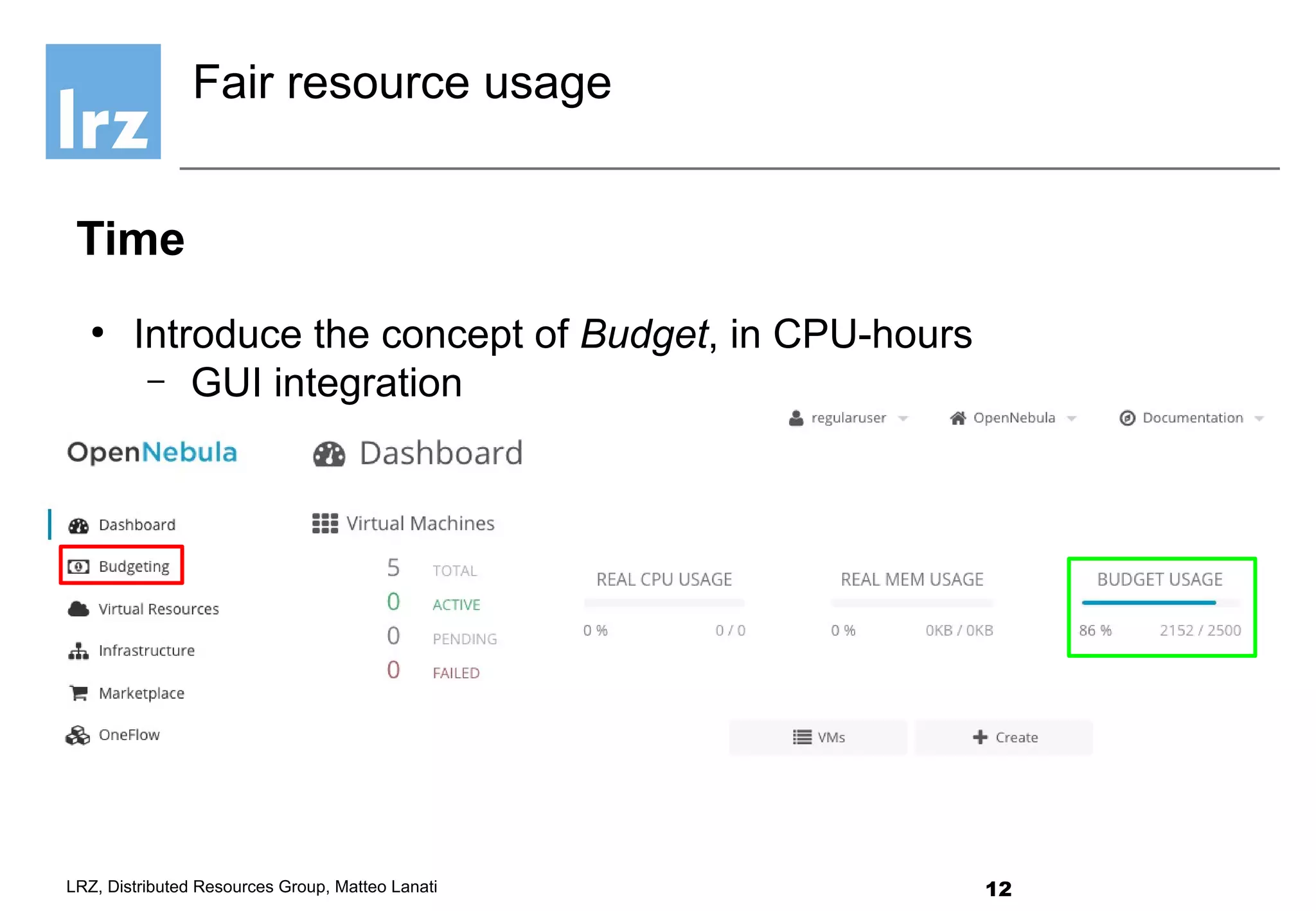 12LRZ, Distributed Resources Group, Matteo Lanati
Time
●
Introduce the concept of Budget, in CPU-hours
– GUI integration
Fair resource usage
 