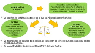 • De esa manera se forman las bases de lo que es Politología contemporánea:
• Se desarrollaron los estudios de la política, se elaboraron los primeros cursos de la ciencia política
en los Estados Unidos
• Se fundo I,Ecde libre de ciencias políticas(1871) de Emile Boutmy.
CIENCIA POLÍTICA
JURIDIZADA
Renace bajo la influencia de los
“constitucionalistas clásicos” y de la teoría de
todo sobre Europa, de esa manera se forman las
bases de lo que es la Politología juridizada.
ENFOQUE
INSTITUCIONAL
Se encarga de estudiar
las organizaciones
formales y material de
las instituciones
políticas
ENFOQUE
CONSTITUCIONAL
Se pueden conoces los
fenómenos políticos
analizando el contenido
de las constituciones.
 