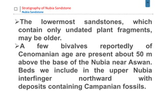 28
Stratigraphy of Nubia Sandstone
Nubia Sandstone
The lowermost sandstones, which
contain only undated plant fragments,
may be older.
A few bivalves reportedly of
Cenomanian age are present about 50 m
above the base of the Nubia near Aswan.
Beds we include in the upper Nubia
interfinger northward with
deposits containing Campanian fossils.
 
