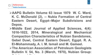 53
References
Nubia Sandstone
AAPG Bulletin Volume 63 issue 1979 W. C. Ward,
K. C. McDonald (2), -- Nubia Formation of Central
Eastern Desert, Egypt--Major Subdivisions and
Depos.
Middle East Journal of Applied Sciences, 4(4):
1016-1022, 2014, Mineralogical and Mechanical
Compaction Characteristics of Nubian Sandstones,
Gebel Duwi, Central Eastern Desert, Egypt. R. A.
El-Mohammady, A. I. M. Ismail and M. Gameel.
The American Association of Petroleum Geologists
Bulletin V. 54, No. 3 (March, 1970), Nubian Group:
 