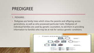 PREDIGREE
1.. PEDIGREE :
• Pedigrees are family trees which show the parents and offspring across
generations, as well as who possessed particular traits. Pedigrees of
individual families are used by genetic counselors, to aid them in providing
information to families who may be at risk for various genetic conditions.
 