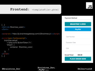 Frontend: <templateFile>.phtml
[…]
<form id="Braintree_vzero">
</form>
<script src=“https://js.braintreegateway.com/v2/braintree.js"></script>
<script type="text/javascript">
braintree.setup(
"<?php echo $clientToken;?>",
'dropin', {
container: ‘Braintree_vzero’,
}
});
</script>
[…]
@AlbertusLM@Braintree_Dev
 