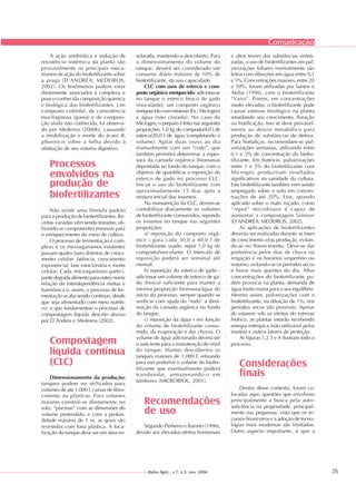 25
○○○○○○○○○○○○○○○○○○○○○○○○○○○○○○○○○○○○○○○○○○○○○○○○○○○○○○○○○○○○○○○○○○○○○○○○○○○○○○○○
○○○○○○○○○○○○○○○○○○○○○○○○○○○○○○○○○○○○○○○○○○○○○○○○○○○○○○○○○○○○○○○○○○○○○○○○○○○○○○○○
Comunicação
Bahia Agríc., v.7, n.3, nov. 2006
Processos
envolvidos na
produção de
biofertilizantes
Não existe uma fórmula padrão
para a produção de biofertilizantes. Re-
ceitas variadas vêm sendo testadas, uti-
lizando-se componentes minerais para
o enriquecimento do meio de cultivo.
O processo de fermentação é com-
plexo e os microrganismos existentes
passam quatro fases distintas de cresci-
mento celular: latência, crescimento
exponencial, fase estacionária e morte
celular. Cada microrganismo partici-
pantedegradaalimentoparaoutro,numa
relação de interdependência mútua e
harmônica e, assim, o processo de fer-
mentação acaba sendo contínuo, desde
que seja alimentado com meio nutriti-
vo, o que fundamentou o processo de
compostagem líquida descrito abaixo
por D´Andréa e Medeiros (2002).
Compostagem
líquida contínua
(CLC)
Dimensionamento da produção:
tanques podem ser utilizados para
volumes de até 1.000 l, caixas de fibro-
cimento ou plásticas. Para volumes
maiores constrói-se diretamente no
solo, “piscinas” com as dimensões do
volume pretendido, e com a profun-
didade máxima de 1 m, as quais são
revestidas com lona plástica. A loca-
lização do tanque deve ser em área en-
solarada, mantendo-o descoberto. Para
o dimensionamento do volume do
tanque, deverá ser considerado um
consumo diário máximo de 10% de
biofertilizante, da sua capacidade.
CLC com usos de esterco e com-
posto orgânico enriquecido: adiciona-se
no tanque o esterco fresco de gado
(inoculante), um composto orgânico
enriquecidocomminerais(Ex.:Microgeo)
e água (não clorada). No caso do
Microgeo, o preparo é feito nas seguintes
proporções: 1,0 kg do composto/4,0 l de
esterco/20,0 l de água (completando o
volume). Agitar duas vezes ao dia
manualmente com um “rodo”, que
também permitirá determinar a espes-
sura da camada orgânica (biomassa)
depositada no fundo do tanque, com o
objetivo de quantificar a reposição do
esterco de gado no processo CLC.
Iniciar o uso do biofertilizante com
aproximadamente 15 dias após a
mistura inicial dos insumos.
Na manutenção da CLC, devem-se
contabilizar diariamente os volumes
de biofertilizante consumidos, repondo
os insumos no tanque nas seguintes
proporções:
a) reposição do composto orgâ-
nico - para cada 30,0 a 40,0 l de
biofertilizante usado, repor 1,0 kg do
composto/inoculante. O intervalo de
reposição poderá ser semanal até
mensal.
b) reposição do esterco de gado -
adicionar um volume de esterco de ga-
do (fresco) suficiente para manter a
mesma proporção biomassa/água do
início do processo, sempre quando se
verificar com ajuda do “rodo” a dimi-
nuição da camada orgânica no fundo
do tanque.
c) reposição da água - em função
do volume de biofertilizante consu-
mido, da evaporação e das chuvas. O
volume de água adicionado deverá ser
o suficiente para a manutenção do nível
do tanque. Manter descobertos os
tanques maiores de 1.000 l, retirando
para uso posterior o volume do biofer-
tilizante que eventualmente poderá
transbordar, armazenando-o em
tambores (MICROBIOL, 2001).
Recomendações
de uso
Segundo Pinheiro e Barreto (1996),
devido aos elevados efeitos hormonais
e altos teores das substâncias sinteti-
zadas, o uso de biofertilizantes em pul-
verizações foliares normalmente são
feitos com diluições em água entre 0,1
e 5%. Concentrações maiores, entre 20
e 50%, foram utilizadas por Santos e
Akiba (1996), com o biofertilizante
“Vairo”. Porém, em concentrações
muito elevadas, o biofertilizante pode
causar estresse fisiológico na planta
retardando seu crescimento, floração
ou frutificação. Isso se deve provavel-
mente ao desvio metabólico para
produção de substâncias de defesa.
Para hortaliças, recomendam-se pul-
verizações semanais, utilizando entre
0,1 e 3% de concentração do biofer-
tilizante. Em fruteiras, pulverizações
entre 1 e 5% do biofertilizante com
Microgeo produziram resultados
significativos na sanidade da cultura.
Este biofertilizante também vem sendo
empregado sobre o solo em concen-
trações de até 20%. Este, quando
aplicado sobre o mato roçado, como
“input” microbiano é capaz de
aumentar a compostagem laminar
(D´ANDRÉA; MEDEIROS, 2002).
As aplicações de biofertilizantes
deverão ser realizadas durante as fases
de crescimento e/ou produção, evitan-
do-as no florescimento. Deve-se dar
preferência pelos dias de chuva ou
irrigação e os horários vespertino ou
noturno, evitando-se os períodos secos
e horas mais quentes do dia. Altas
concentrações do biofertilizante po-
dem provocar na planta, demanda de
água muito maior para o seu equilíbrio.
Mesmo assim, pulverizações com o
biofertilizante, na diluição de 1%, nos
períodos secos são possíveis. Apesar
de estarem sob os efeitos do estresse
hídrico, as plantas estarão recebendo
energia entrópica (não utilizável pelos
insetos) e outros fatores de proteção.
As figuras 1,2,3 e 4 ilustram todo o
processo.
Considerações
finais
Dentro desse contexto, foram co-
locadas aqui, questões que envolvem
principalmente a busca pela auto-
suficiência na propriedade, principal-
mente nas pequenas, visto que os re-
cursos financeiros e a adoção de tecno-
logias mais modernas são limitados.
Outro aspecto importante, é que a
A ação antibiótica e indução de
resistência sistêmica da planta são
provavelmente os principais meca-
nismos de ação do biofertilizante sobre
a praga (D´ANDRÉA; MEDEIROS,
2002). Os fenômenos podem estar
diretamente associados à complexa e
pouco conhecida composição química
e biológica dos biofertilizantes. Um
composto coloidal, de consistência
mucilaginosa (goma) e de composi-
ção ainda não conhecida, foi observa-
do por Medeiros (2000b), causando
a imobilização e morte do ácaro B.
phoenicis sobre a folha devido à
obstrução de seu sistema digestivo.
 