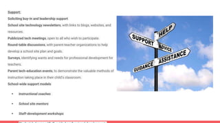 Support:
Soliciting buy-in and leadership support
School site technology newsletters, with links to blogs, websites, and
resources.
Publicized tech meetings, open to all who wish to participate.
Round-table discussions, with parent-teacher organizations to help
develop a school site plan and goals.
Surveys, identifying wants and needs for professional development for
teachers.
Parent tech-education events, to demonstrate the valuable methods of
instruction taking place in their child’s classroom.
School-wide support models
 Instructional coaches
 School site mentors
 Staff-development workshops
 
