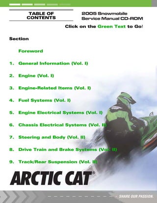 TABLE OF
CONTENTS
Click on the Green Text to Go!
Section
Foreword
1. General Information (Vol. I)
2. Engine (Vol. I)
3. Engine-Related Items (Vol. I)
4. Fuel Systems (Vol. I)
5. Engine Electrical Systems (Vol. I)
6. Chassis Electrical Systems (Vol. II)
7. Steering and Body (Vol. II)
8. Drive Train and Brake Systems (Vol. II)
9. Track/Rear Suspension (Vol. II)
 
