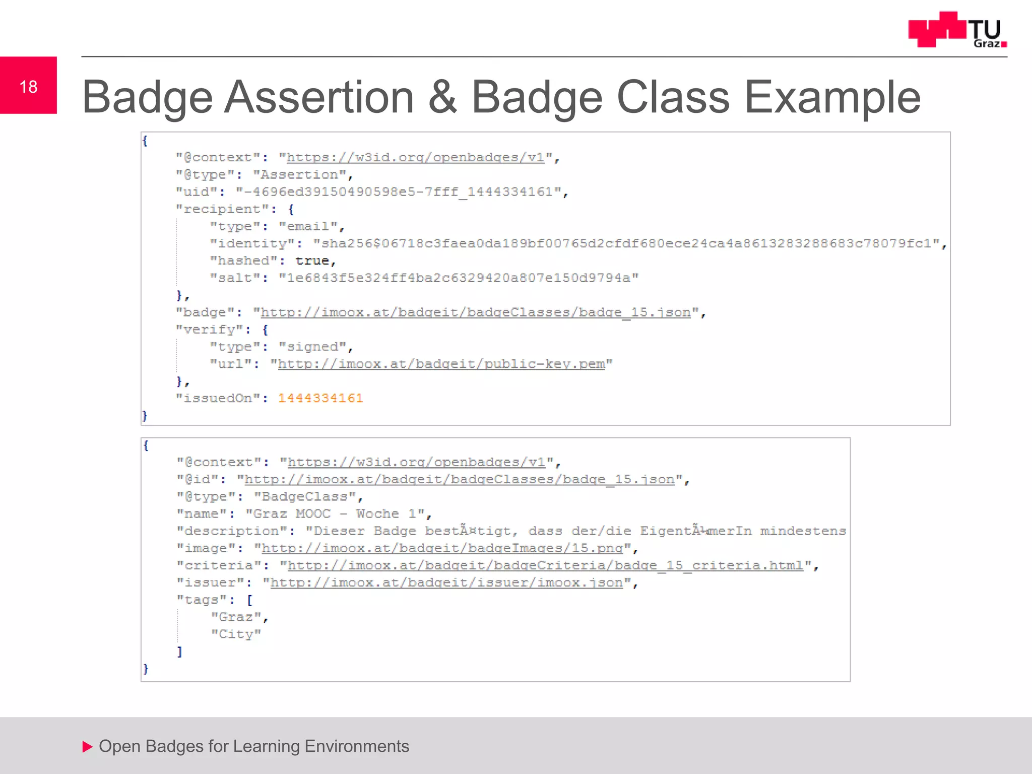 18
u Open Badges for Learning Environments
18
u
Badge Assertion & Badge Class Example
 