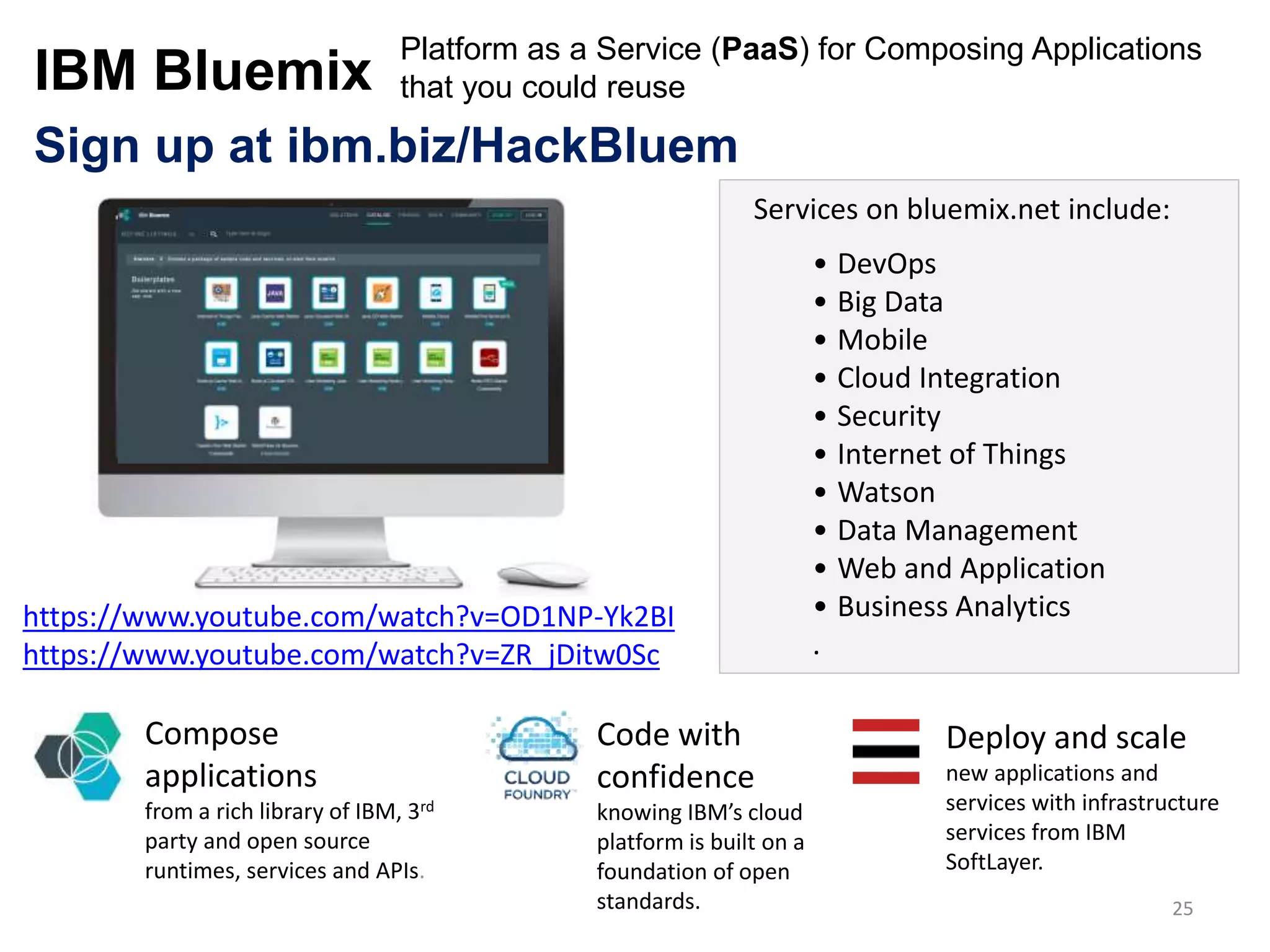 Compose
applications
from a rich library of IBM, 3rd
party and open source
runtimes, services and APIs.
Code with
confidence
knowing IBM’s cloud
platform is built on a
foundation of open
standards.
Deploy and scale
new applications and
services with infrastructure
services from IBM
SoftLayer.
• DevOps
• Big Data
• Mobile
• Cloud Integration
• Security
• Internet of Things
• Watson
• Data Management
• Web and Application
• Business Analytics
.
Services on bluemix.net include:
Sign up at ibm.biz/HackBluem
IBM Bluemix
25
https://www.youtube.com/watch?v=OD1NP-Yk2BI
https://www.youtube.com/watch?v=ZR_jDitw0Sc
Platform as a Service (PaaS) for Composing Applications
that you could reuse
 